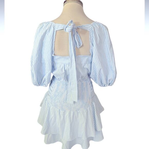 EHB Tiers To Me Light Blue Puff Sleeve Tiered Skater Mini Dress Size Small NWOT - Picture 4 of 7